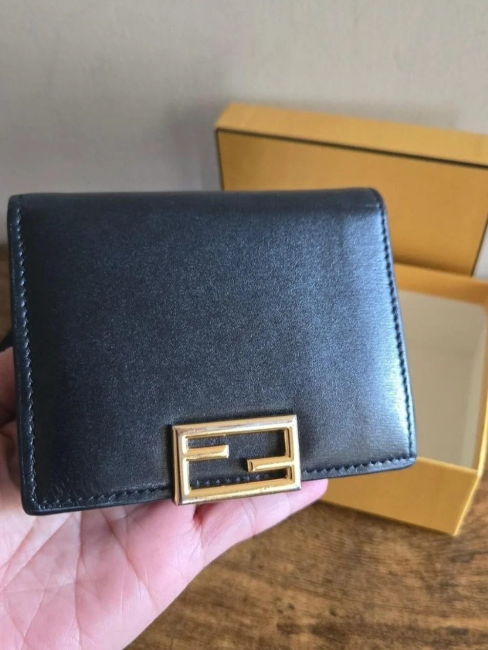 Fendi Black Leather Compact Wallet with Gold FF Buckle